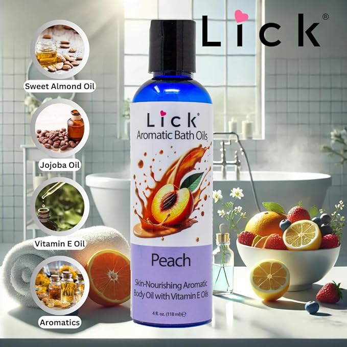 Lick Peach Aromatic Bath Oil - Fruit Aroma - Calming Floral Scents - Aromatherapy Oils for Bath Relaxation, 4 oz