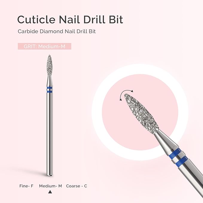 MelodySusie 2.2mm Flame Shape Cuticle Clean Nail Drill Bit 3/32'', Professional Safety Carbide Diamond Under Nail Cleaner for Cuticle Dead Skin Nail Prepare, Beginners Bits, Series Bit-S, Medium
