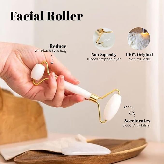 ROSELYNBOUTIQUE Gua Sha Facial Tools & Face Roller Original Face Massager for Puffiness Wrinkless Skin Care Routine - Self Care Gift for Men Women (White Jade)