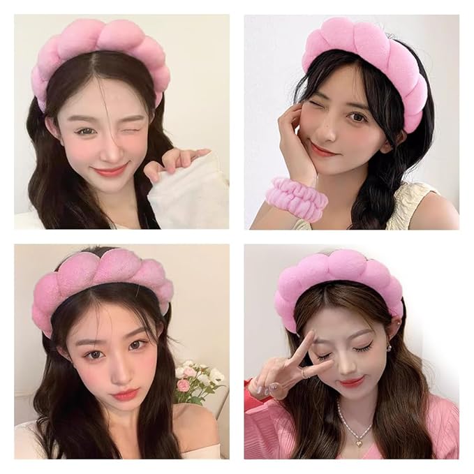 Tetizo Spa Headbands for Washing Face Wristband Set Sponge Makeup Skincare Headband Wrist Towels Bubble Soft Terry Towel Cloth Hairband for Women Puffy Headwear Non Slip Thick Hair Headwear (Pink)