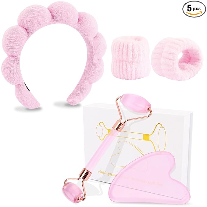 CUBACO Spa Headband and Wristband Set for Women with Ice Jade Roller and Gua Sha, Skin Care Set Tools Puffy Makeup Headband Teen Girl Gifts Trendy Stuff Hair Accessories for Women