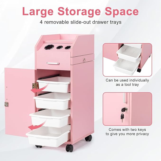 Modern Styling Station Cart for Hair Stylist,Wooden Hair Salon Station Storage Cabinet,Beauty Salon Storage Equipment,Beauty Spa Tool Organizer,with Wheels,for Barber Shop, Home, Bathroom (Pink)