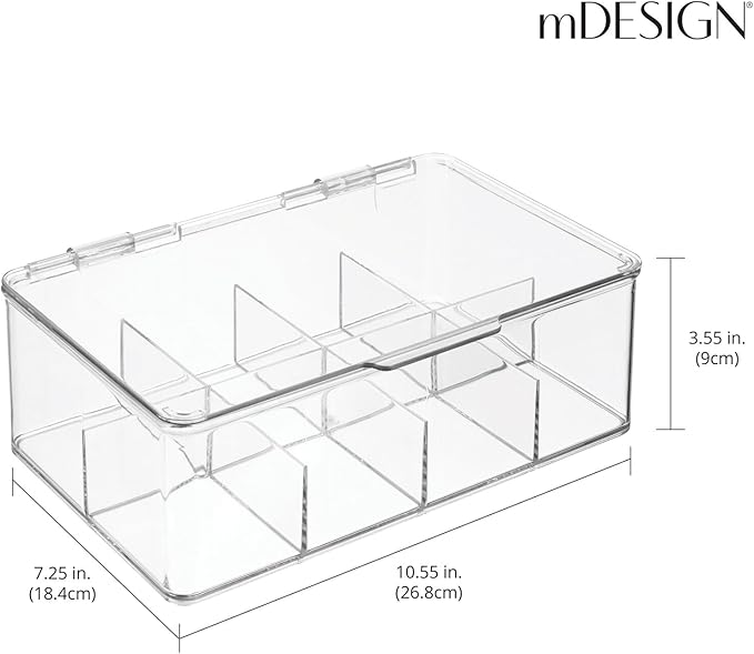 mDesign Plastic Divided First Aid Storage Box Kit with Hinge Lid for Bathroom, Kitchen, Cabinet, Closet - Organize Medicine, Ointments, Adhesive Bandages, Dental - 8 Sections, 2 Pack - Clear