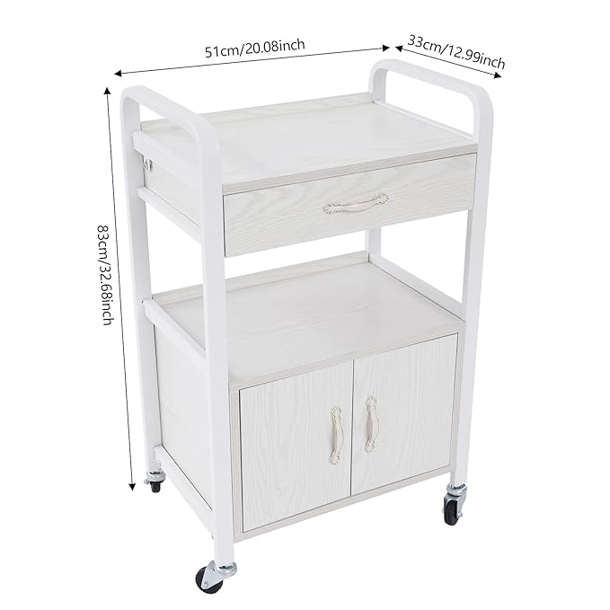Salon Trolley Cart with Wheels, Mobile Utility Storage Cabinet with 1 Drawer & Shelves, 165lbs Load Capacity Rolling Cart for Beauty SPA Nail Salon, White