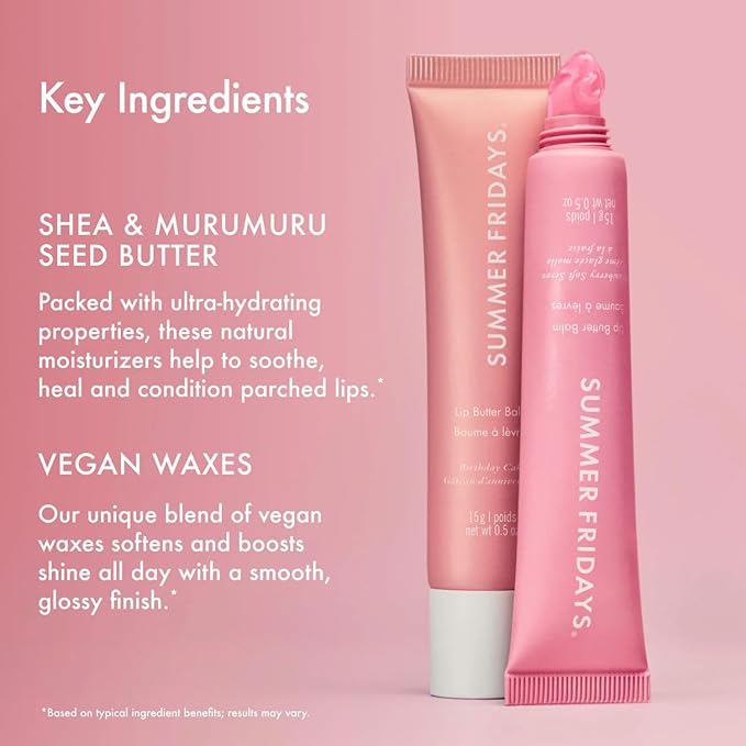 Summer Fridays Lip Butter Balm Sweet Pink Duo - Conditioning Tinted Lip Balm + Overnight Mask for Instant Shine + Color - With Hydrating Shea Butter - Strawberry Soft Serve + Birthday Cake (2 Count)