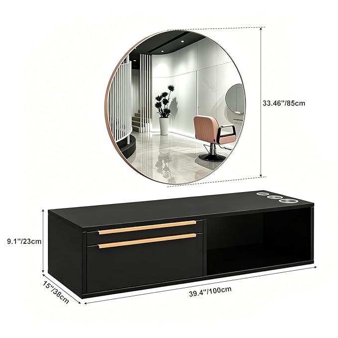 OmySalon Wall Mount Salon Station with Mirror, Hair Stylist Cabinet with Dryer Holders, Drawers & Shelf for Barbershop, Beauty SPA, Bathroom, Black