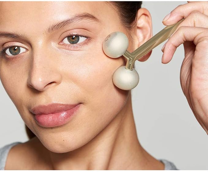 Facial Cooling Metal Gold Roller Massager, Contours Jawline, Promotes Lymphatic Drainage & Puffiness Reducer. Brighter, Smoother, Tighter Neck & Face Gym Exercise Anti-Aging, Not Jade.