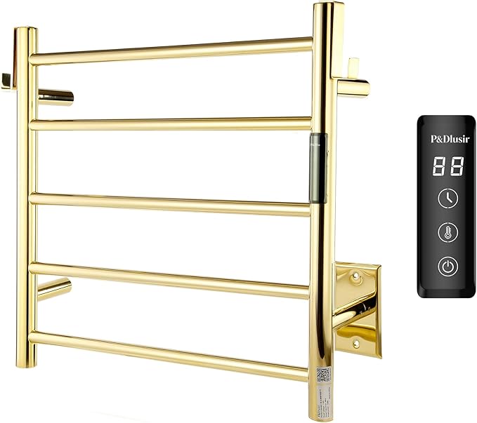 P&Dlusir Towel Warmer, Heated Towel Rack with Smart Timer and Thermo Control, Wall-Mounted Heated Towel Rail, Stainless Steel, Hard-Wired/Plug-in, Polished Gold, 5 bar
