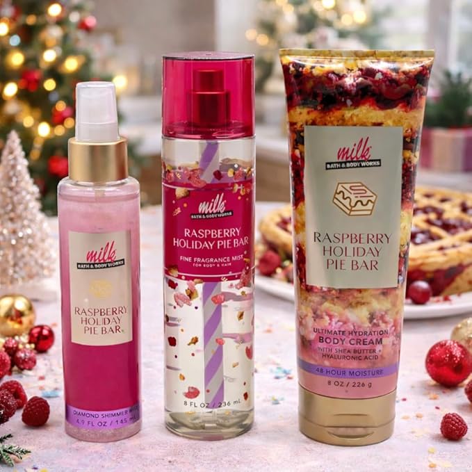 Bath & Body Works MILK Collections RASPBERRY HOLIDAY PIE BAR Diamond Shimmer Mist, Fine Fragrance Mist & Ultimate Hydration Body Cream 3pc bundle with a Red Bow for Holidays & Gifts