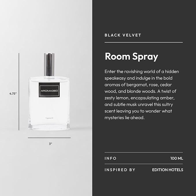 Aroma360 Room Spray - Hotel Air Freshener - Aromatherapy Oil Spray - Scents Inspired by Edition Hotel - Scent Includes Smokey Black Tea, Rose & Amber - Black Velvet, 100mL/3.38 fl oz