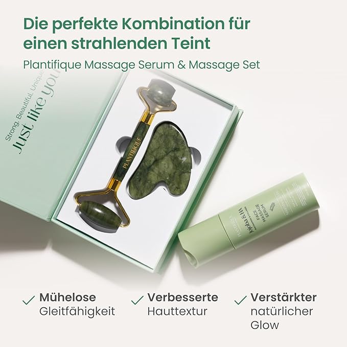 PLANTIFIQUE Jade Roller and Rose Quartz Face Roller with Gua Sha Facial Tools - Includes Real Roller and Gua Sha Set - Certified Face Roller and GuaSha for Your Skincare Routine