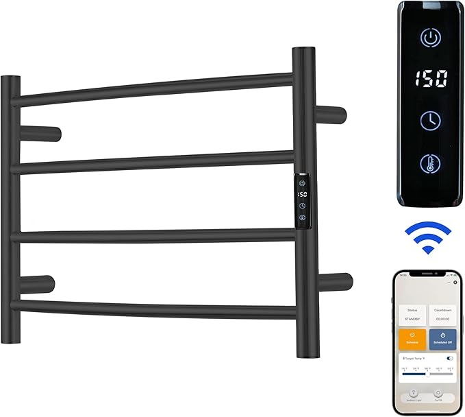 Electric Towel Rack with Voice Control for Alexa & Google Home,TUYA - Wall-Mounted Bathroom Heating Towel Warmer,Plug-in,Stainless Steel Material,16.54x23.62x5.51 in,Black,4 Bars