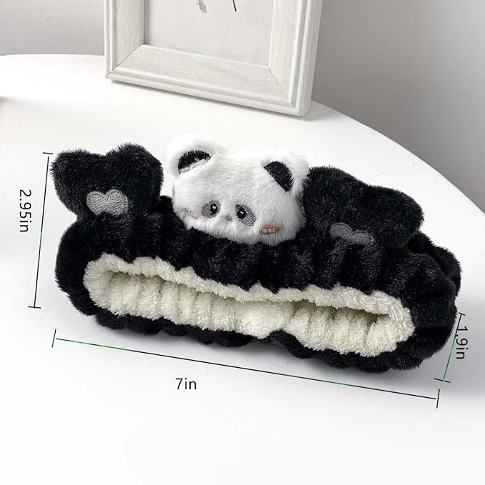 Kawaii Spa Headband，Cute Bear Headband for Women Skin Care, Makeup and Wash - Soft Microfiber Coral Fleece Towel Headband for Girls Hair（Black,Bear）