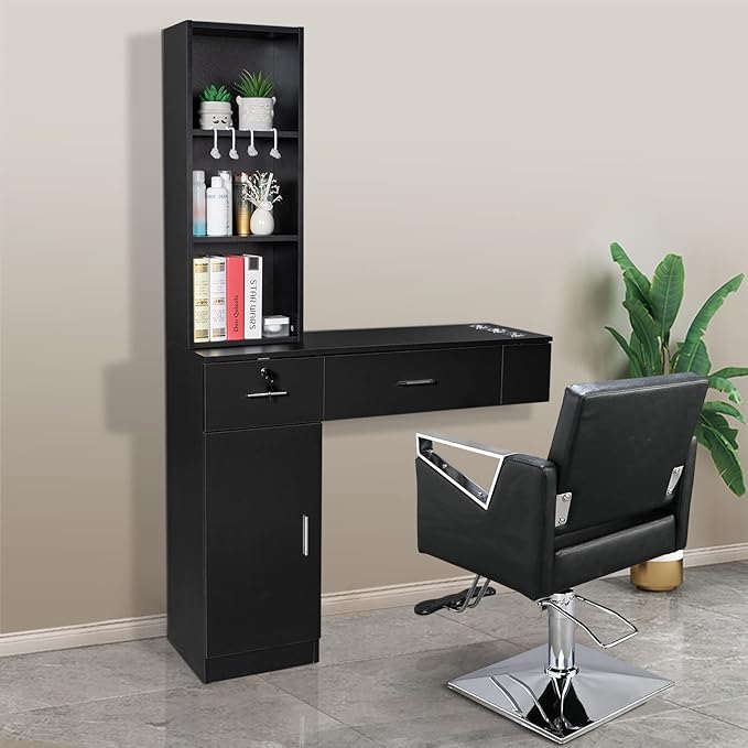 OmySalon Wall Mount Barber Stations, Salon Stations for Hair Stylist, Hair Styling Equipement Set with a Storage Cabinet, 2 Drawers and a 3 Tier Shelf (Black)