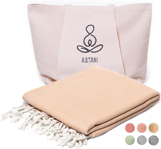ATANI 69x35 in Oversized Turkish Beach Towel Set with Tote Bag – Quick-Dry 100% Turkish Cotton Peshtemal, Sand-Resistant, Lightweight for Shower, Travel, Pool, Yoga (Yellow)