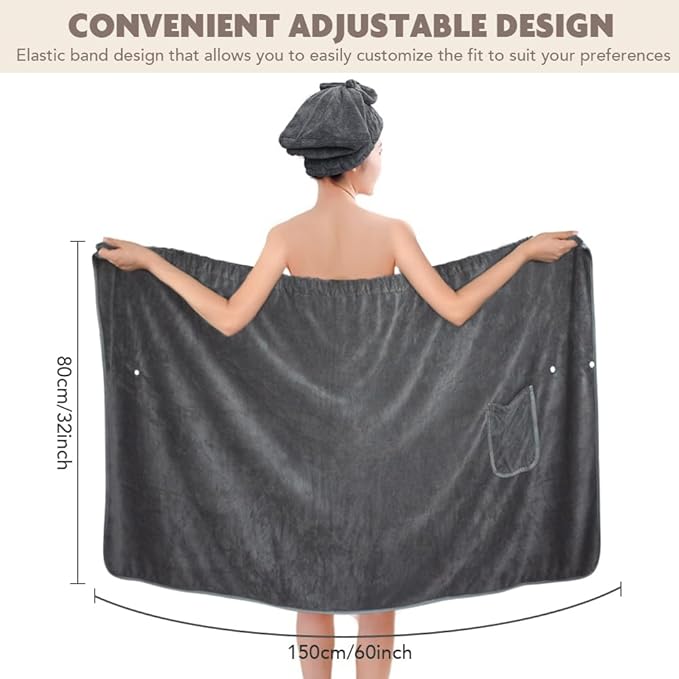 SUNLAND Microfiber Women Hair Drying Towel and Bath Towel Wrap, Adjustable Soft Body Wraps Dress with Hair Towels, Super Absorbent to Quick Drying 32 Inch x 60 Inch Dark Grey