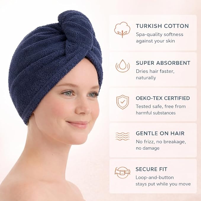 100% Turkish Cotton Hair Towel Wrap 2 Pack – Oeko-TEX Certified Quick Dry Turban for Wet Hair – Soft, Absorbent, Gentle on Curly & Long Hair – 10x26 Inch