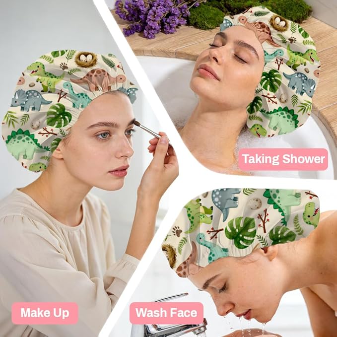 Dinosaurs Leaves Reusable Shower Cap Cute Double Layer Waterproof Shower Caps Large Elastic Hair Cover Adjustable Hair - Drying Caps for Woman Bath SPA Travel One Size Fits Most