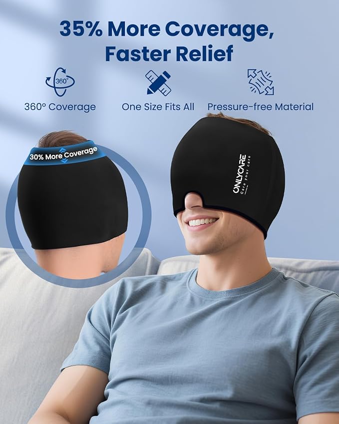 ONLYCARE Migraine Relief Cap, Soothing Migraine Mask, Upgraded Odorless Gel Ice Head Wrap, Hot and Cold Therapy, Headache Ice Pack for Tension, Stress, Hangover (Black)