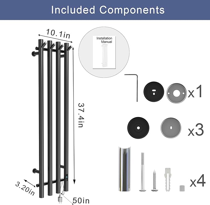 Electric Heated Towel Rack Warmer, Wall Mounted, Stainless Steel, 4 Bar Vertical Round Design, 5 Minute Rapid Heating, Timer Control, 10.1 x 37.4 Inches (Black)