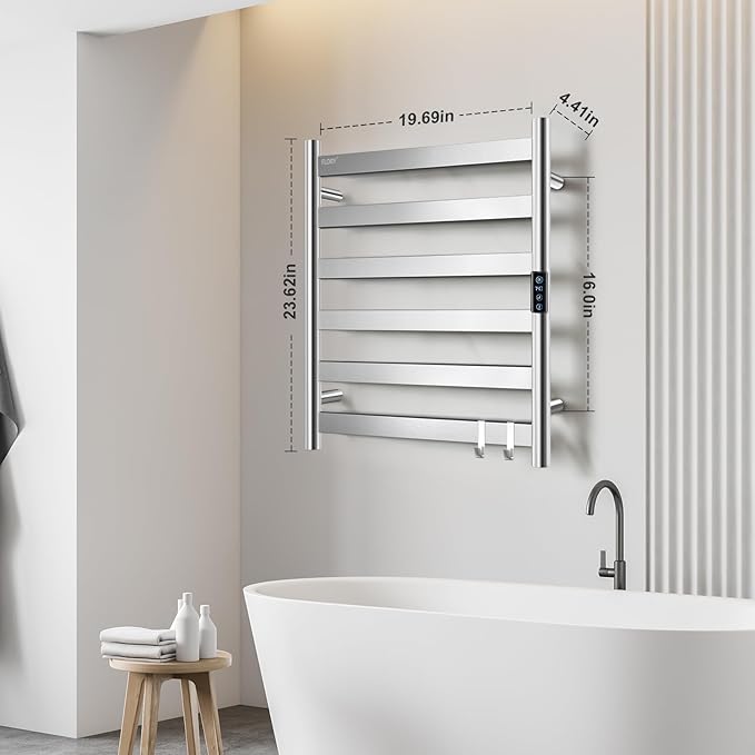 R FLORY Heated Towel Rack for Bathroom, 6 Bar Wall Mounted Towel Warmer Rack Flat with Timer & Temperature, Electric Towel Heater with LED Display Screen, Plug-in