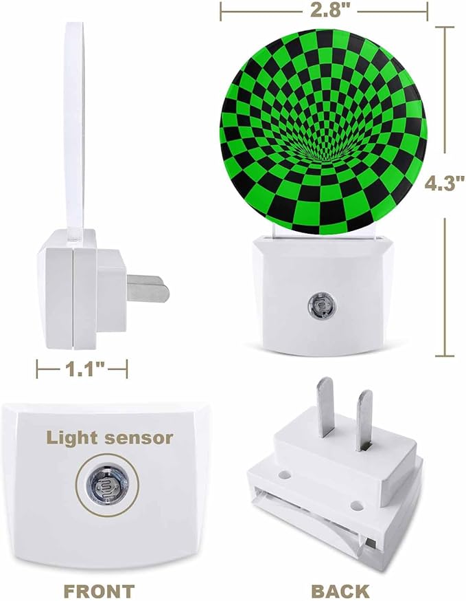 Night Lights Auto Sensor Green Black Checker Night Light 3D Abstract Mosaic Tiles Round Lamp Plug-in LED Nightlights Dusk to Dawn for Living Room Bedroom Bathroom Hallway Wall Decor