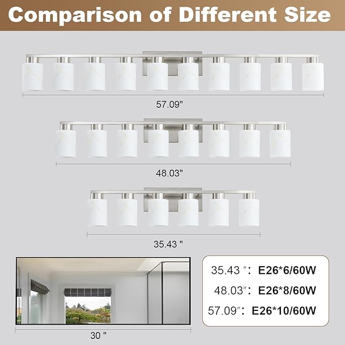 10-Light Bathroom Light Fixtures, Modern Vanity Lights, Brushed Nickel Metal Wall Lamp with White Marble Glass for Bathroom, Mirror, Living Room, Bedroom, Cabinet, Porch, Hallway, E26 Base
