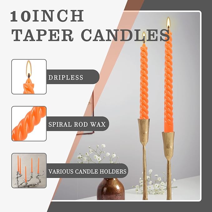 WPONSZU 12 Pack 10 Inch Spiral Taper Candle Set, Unscented Dripless Candlesticks for Dinner,Party Brithday Wedding,Halloween and Home Decoration（Orange ）