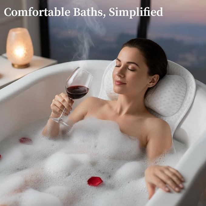 Bath Pillow, Luxury Bathtub Pillows for Neck and Back Support,Bath Tub Pillow with Soft 4D Breathable Mesh Fabric and Nonslip Suction Cups,Relaxing Bath Accessories Spa Gifts .(Wave White)