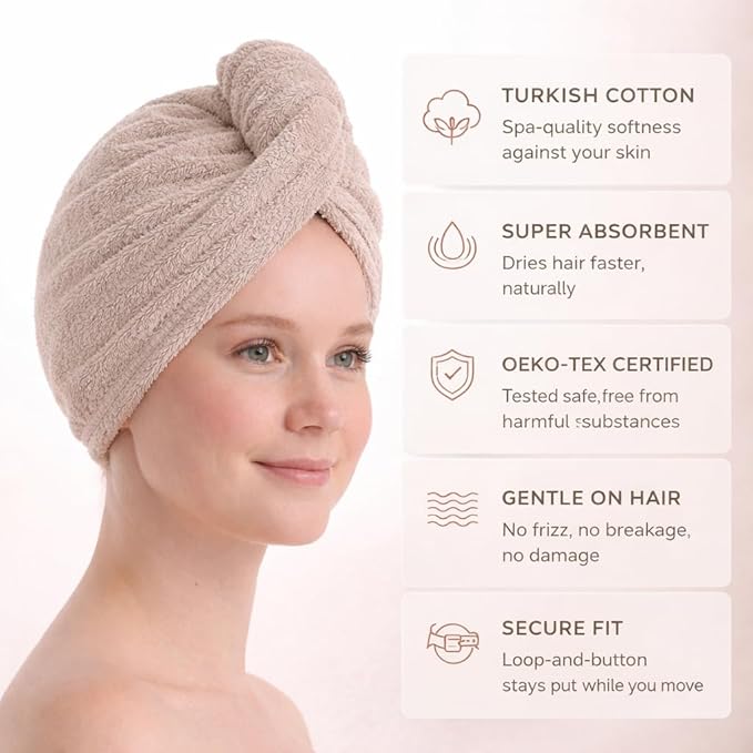 100% Turkish Cotton Hair Towel Wrap 2 Pack – Oeko-TEX Certified Quick Dry Turban for Wet Hair – Soft, Absorbent, Gentle on Curly & Long Hair – 10x26 Inch