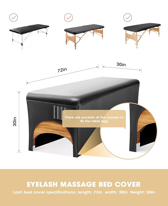 Onism Lash Bed Cover for Eyelash Extensions - Professional 6ft Massage Table Cover with Side Storage Pocket, Waterproof PU Leather & Stretchy Spandex Sides, Wipeable Spa Bed Sheets (Black)