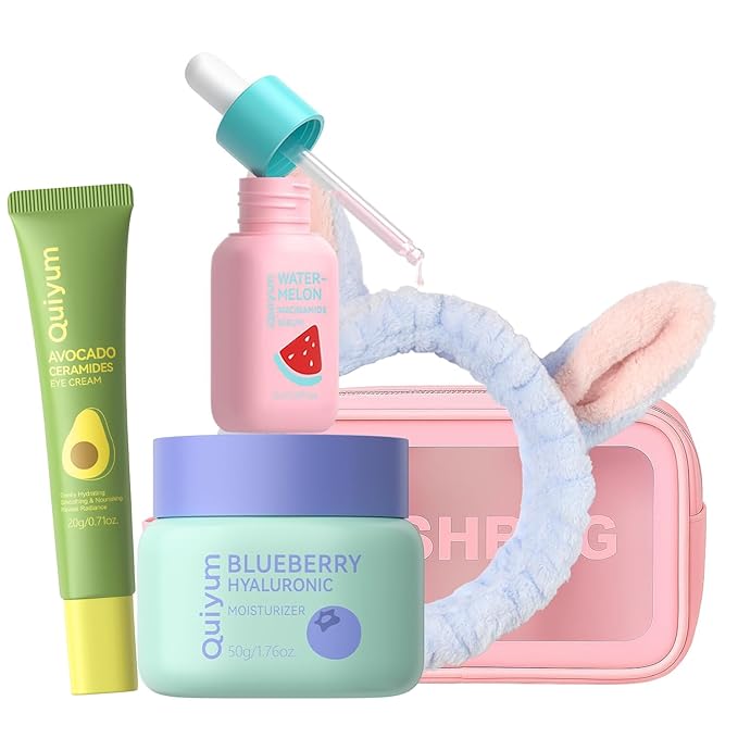 QUIYUM Fruit Skin Care Set, Beauty Gift Sets, Skincare Kit with Serum, Eye Cream, Moisturizer, Hydration, Moisturization, Radiance, Nourishment, Travel Kit for Women Wife Mother Teens Girls