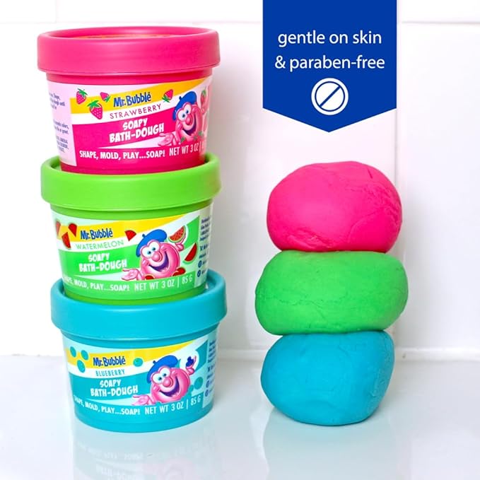 Mr. Bubble Soapy Bath Dough, Three Assorted Colors and Scents, Pack of 6