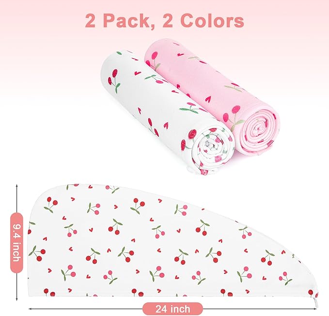 Unicorn Castle Microfiber Hair Towel for Kids 2Pack Hair Wrap Towels Absorbent Hair Drying Towel Wrap Hair Turbans for Curly Thick Hair, Pink White Cherry