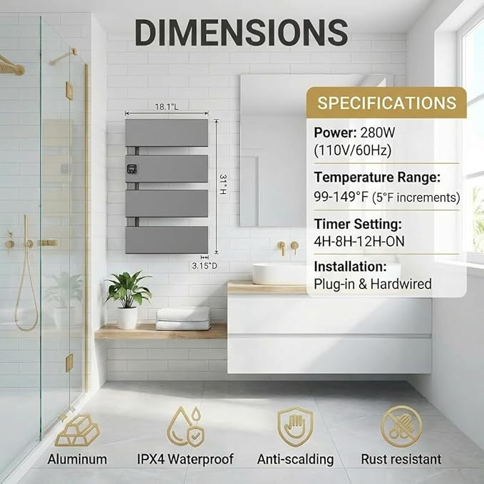 Electric Towel Warmer, Heated Towel Rack with Thermo Control and Timer, Fast Heating Towel Rail for Bathroom with Memroy Function, Work with Smart Plug, Left-Wiring, 4 Panel, Gun Gray