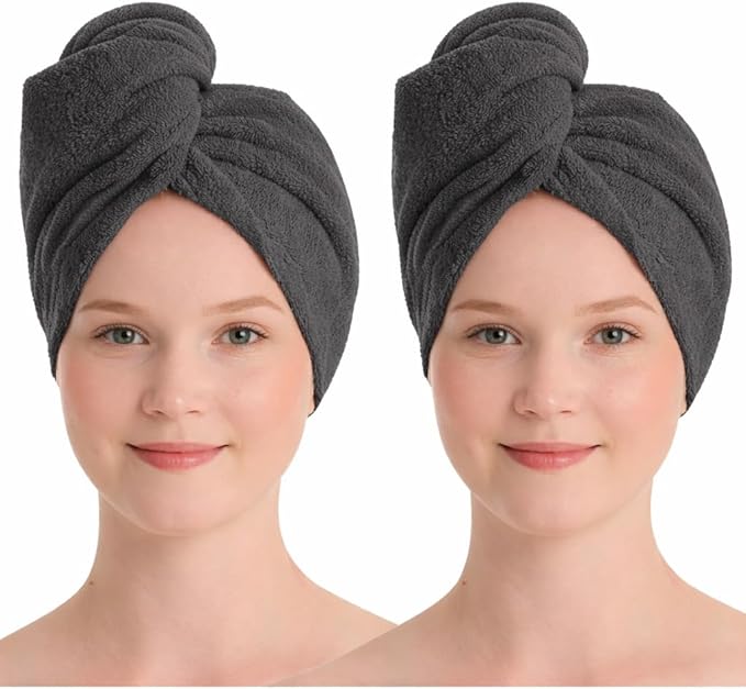 100% Turkish Cotton Hair Towel Wrap 2 Pack – Oeko-TEX Certified Quick Dry Turban for Wet Hair – Soft, Absorbent, Gentle on Curly & Long Hair – 10x26 Inch