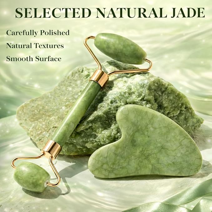 Lymphatic Contour Face Brush & Natural Jade Roller Set - Premium Xiuyu Jade Gua Sha Tool with Facial Massage Roller - Complete Skin Care Kit for Jawline Sculpting, Puffiness Relief (Green)