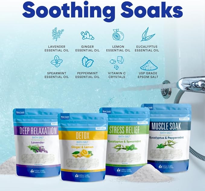 Bath Salts Sampler (4-Pack of 2-lbs) Variety Bath Soaks with Bamboo Scoop