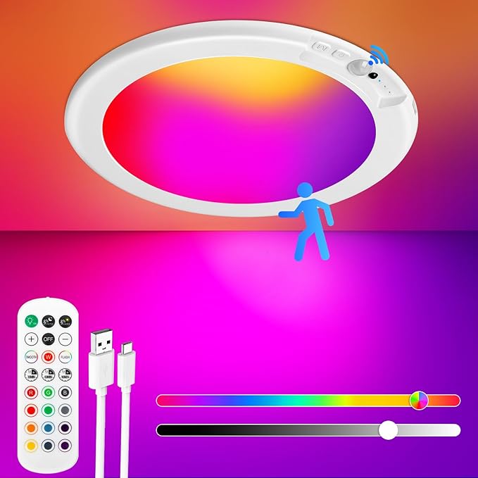 Rechargeable Motion Sensor Ceiling Light with 12 RGB Colors and Cool White Lights, Battery Operated Shower Lamp with Remote, Magnetic Motion Sensor Shower Light for Closet Bathroom Hallway Porch