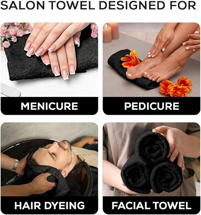 Premium 100% Cotton Hand Towels – Pack of 24, 16x27 Inch – Quick-Dry, Highly Absorbent Salon Towels for Hair Care, Gym, Spa & Bathroom – Black