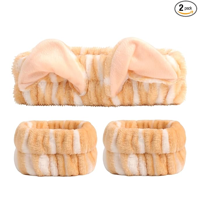 PERFECTSIGHT 2 Pack Cute Animal Headbands for Makeup Wash Shower Adjustable Elastic Hair Band for Girls and Women (Yellow Cat Ear)
