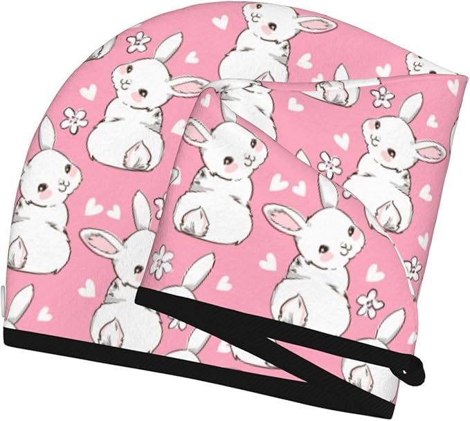 Bunny Hair Towel Wrap Microfiber Fast Drying Hair Turban with Buttons for Women Drying Curly, Long & Thick Hair