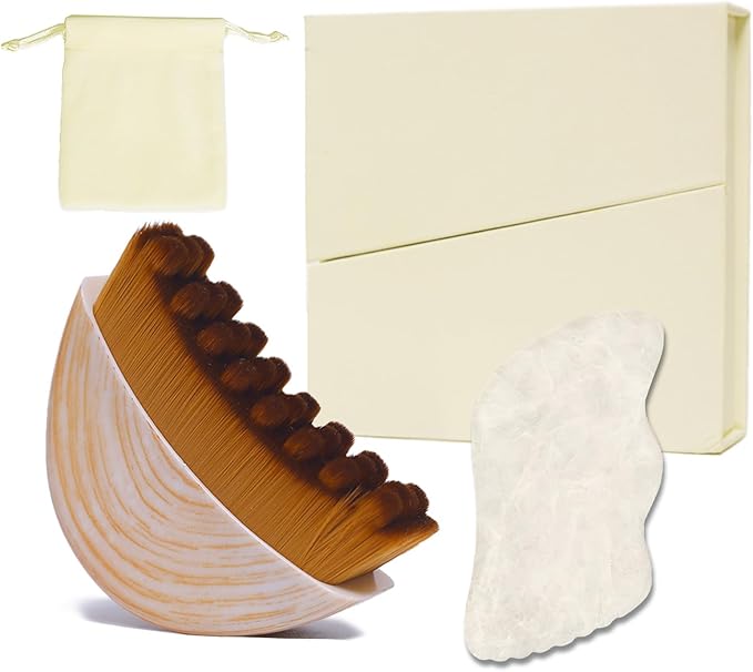 Lymphatic Contour Face Brush & White Jade Gua Sha Stone, Lymphatic Drainage Brush for Face & Neck, Face Brush for Lmphatic Drainage, Sculpting & Depuffing, Gua Sha Facial Tool for Skin Care
