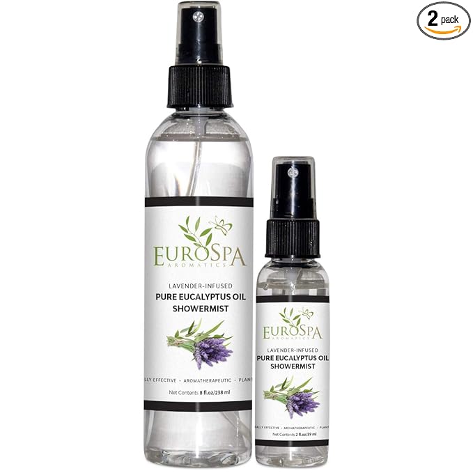 EuroSpa Aromatics Pure Eucalyptus Oil ShowerMist and Steam Room Spray, All-Natural Premium Aromatherapy Essential Oils - Lavender Infused, Duo Pack, 8oz and 2oz
