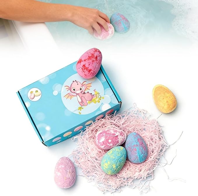 Bath Bombs with Surprise Inside, 6/12 Pack Fizzy Bubble Bath Gift Set, Dinosaur Egg & Ocean Theme Bath Fizzies, Natural Sea Salt Color Changing Spa Easter Bath Balls (Dinosaur Egg 6PC Blue Box)