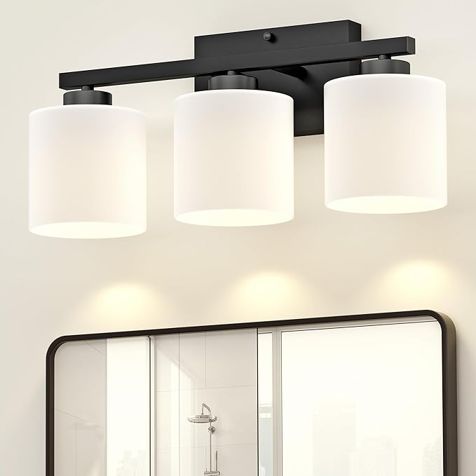 Honesorn Bathroom Light Fixtures Black, 3-Light Bathroom Vanity Light Over Mirror, Modern Vanity Lights for Bath Room with Frosted Shade & Anti-Rust Nickel Finished, E26 Base Lighting