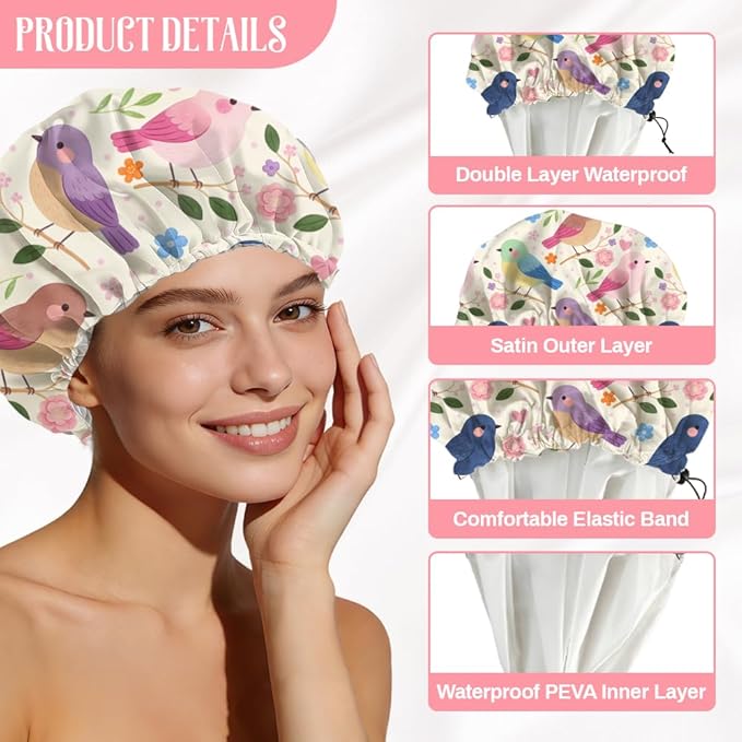 Bohemian Birds Flowers Reusable Shower Cap Cute Double Layer Waterproof Shower Caps Large Elastic Hair Cover Adjustable Hair - Drying Caps for Woman Bath SPA Travel One Size Fits Most