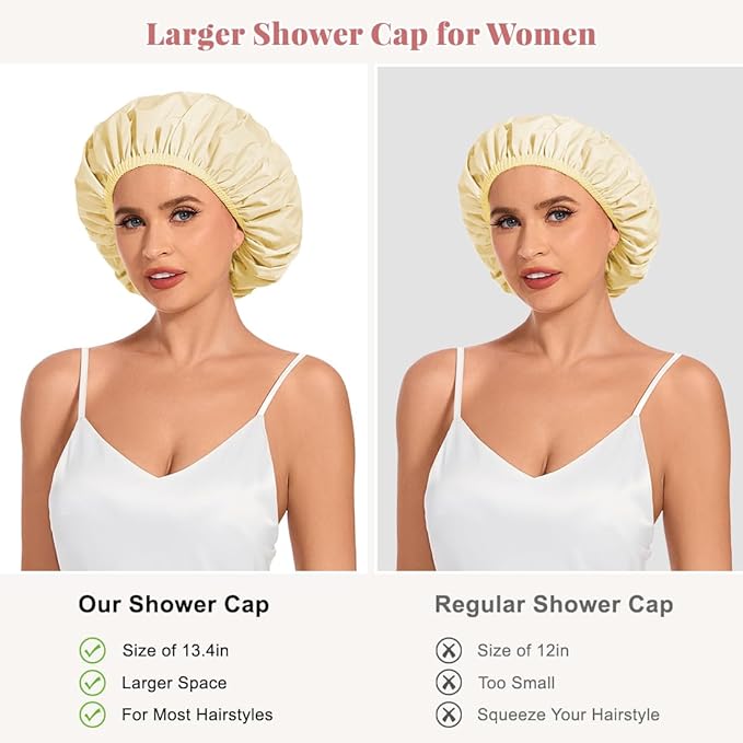 Shower Cap for Women Waterproof Reusable, Large Shower Cap Non-Slip with Elastic Band, Washable Bath Hair Hat for Long Hair, Braids (Light Yellow)