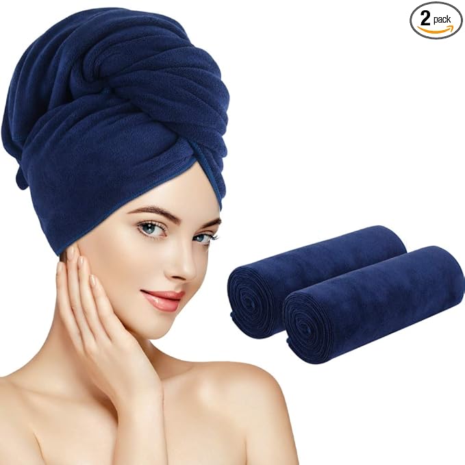 SUNLAND Microfiber Hair Towels Anti Frizz Hair Drying Towel Super Absorbent Fast Drying Turbans for Wet Curly Hair Soft Hair Towel Wrap with Elastic Band for All Hair Types 40 X 20 inches Navy Blue