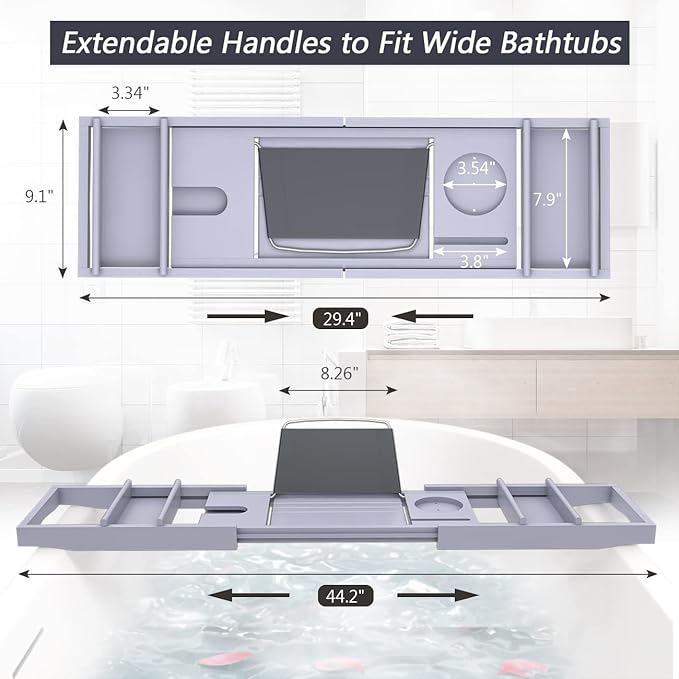 Domax Bathtub Caddy Tray Expandable Bamboo Tub Tray for Luxury Bath with Book Holder and Free Soap Dish (Gray, 29.4"-44.2"x 9.1"x1.65")